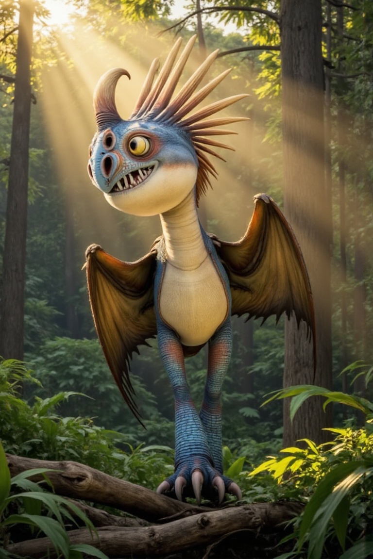 stormflydragon,  standing calmly in a mystical forest with soft mist,  sunlight beams filtering through trees on Tensor.Art