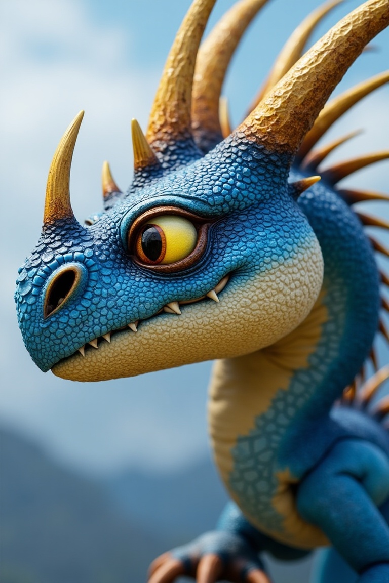 stormflydragon,  close-up of a majestic blue and yellow dragon with glowing yellow eyes and spiked crown,  cinematic light...
