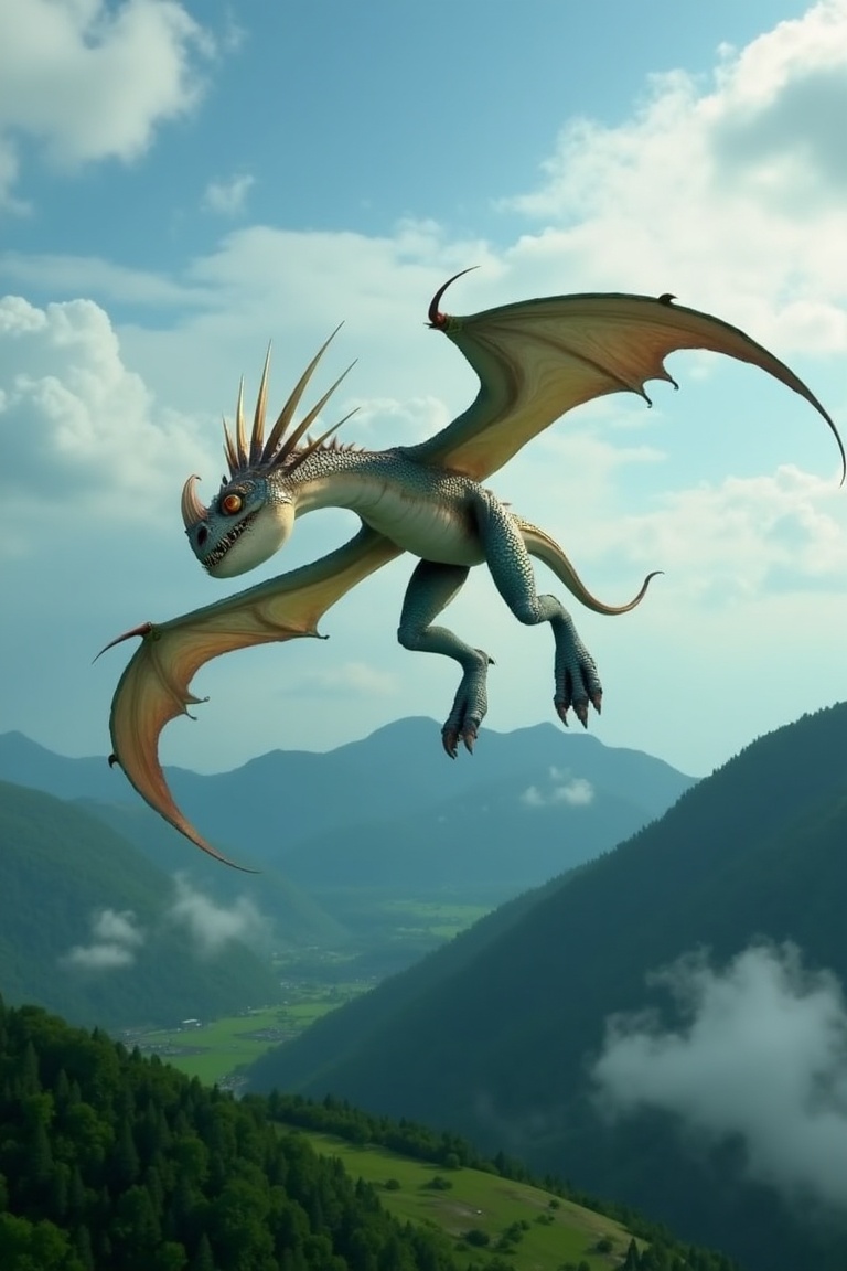 stormflydragon,  a sleek dragon with glowing scales flying above green mountains and cloudy skies,  wings fully extended o...
