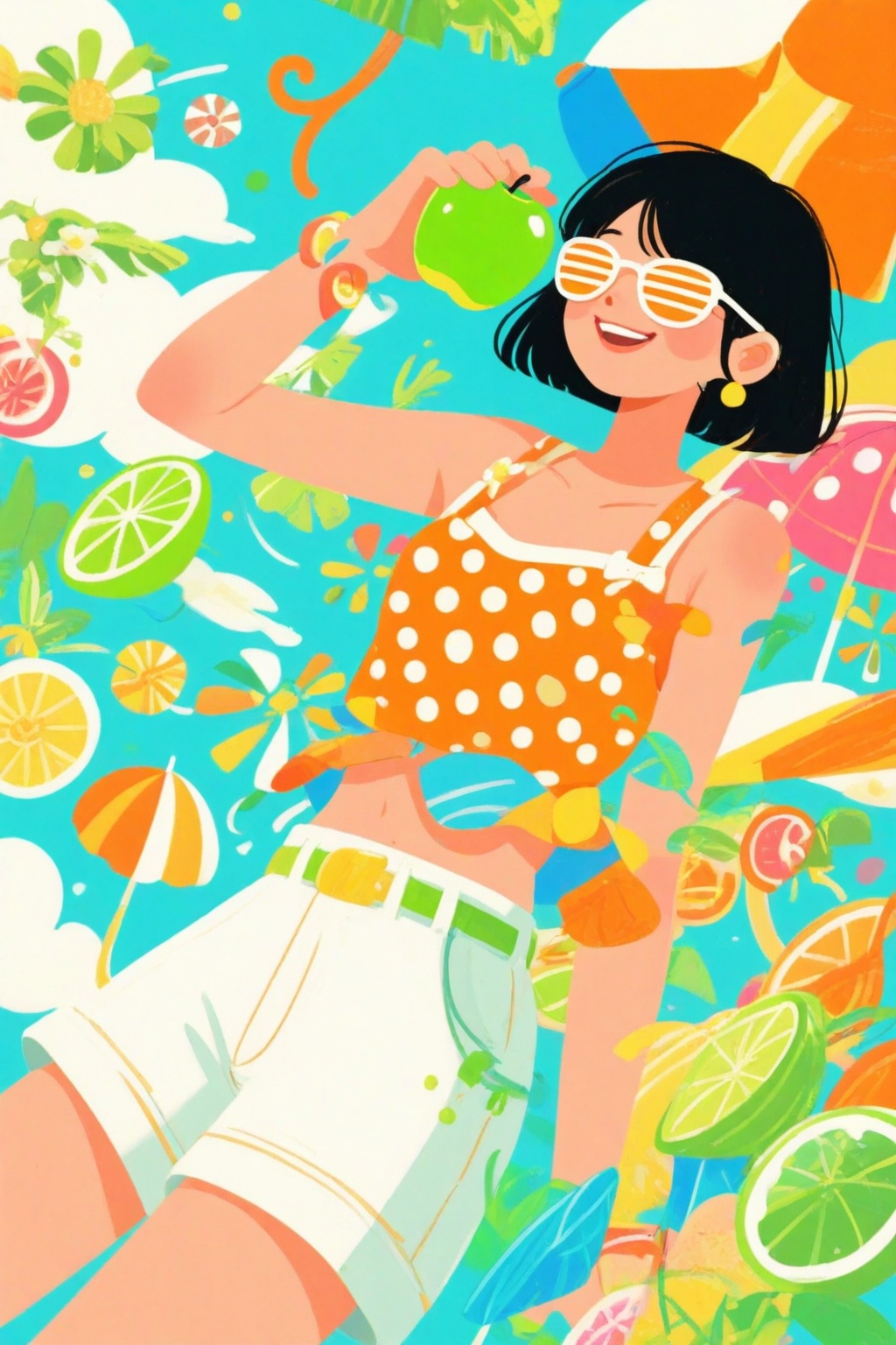 Flat illustration The image depicts a cheerful girl with short black hair,  wearing a polka-dotted orange top and white sh...