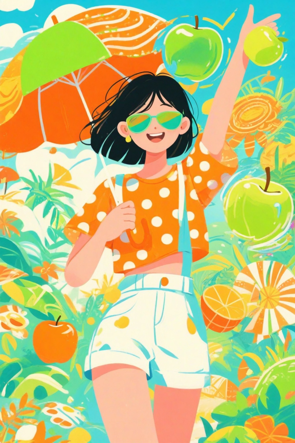 Flat illustration The image depicts a cheerful girl with short black hair,  wearing a polka-dotted orange top and white sh...