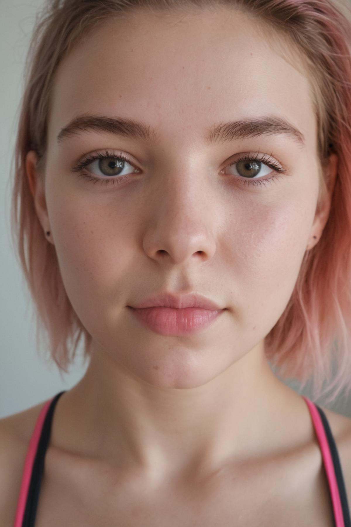 Generate a close-up image that captures an 18-year-old girl with rainbow-colored hair and a sweaty face,  looking seductiv...