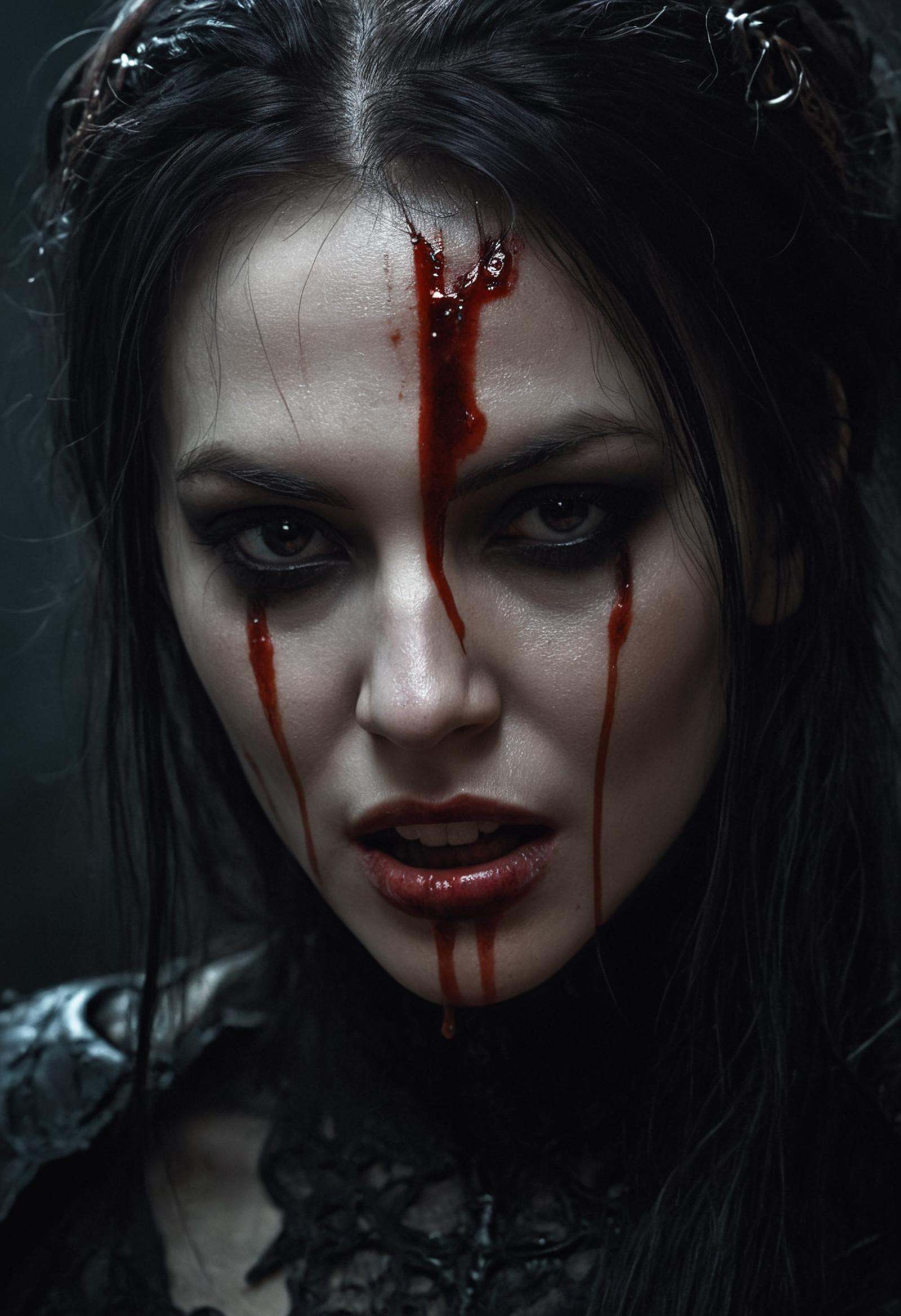 a close up of a woman with blood on her face,  dark fantasy mixed with realism,  scary look on Tensor.Art