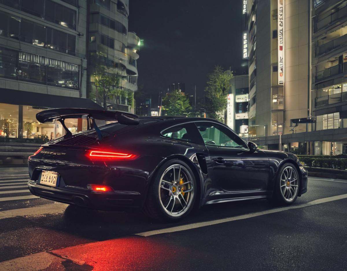 Porsche in Tokyo,  night photo,  reflections on Tensor.Art