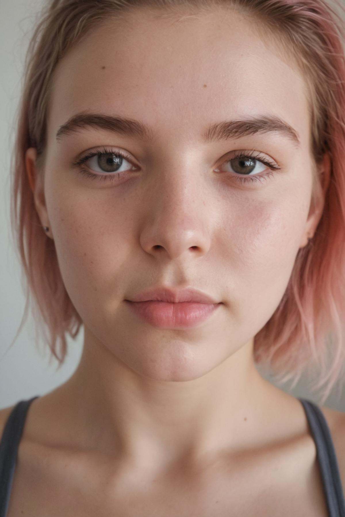 Generate a close-up image that captures an 18-year-old girl with rainbow-colored hair and a sweaty face,  looking seductiv...