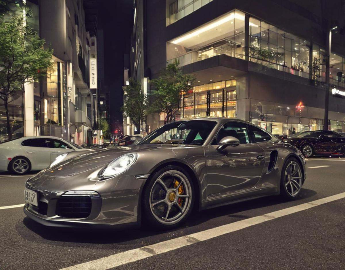 Porsche in Tokyo,  night photo,  reflections on Tensor.Art