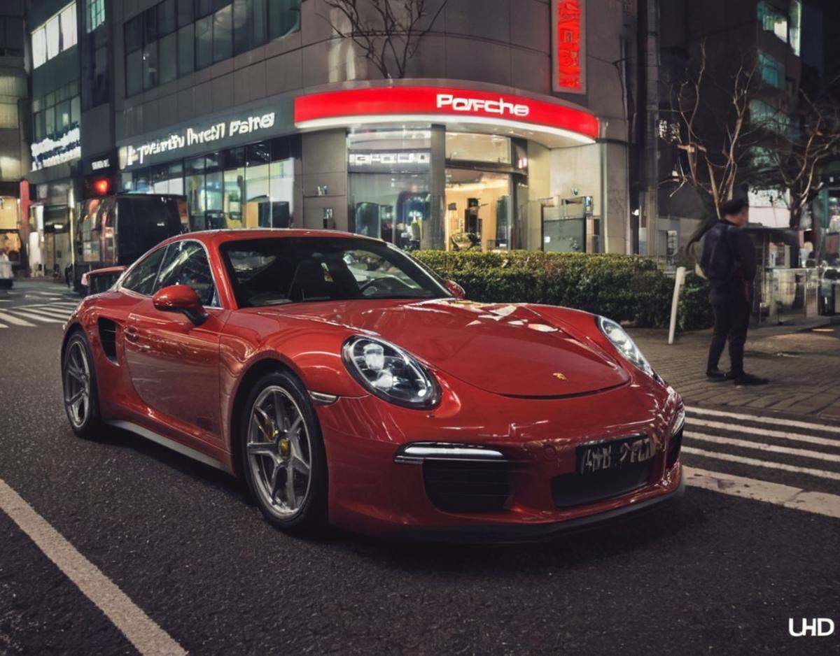 Porsche in Tokyo,  night photo,  reflections on Tensor.Art