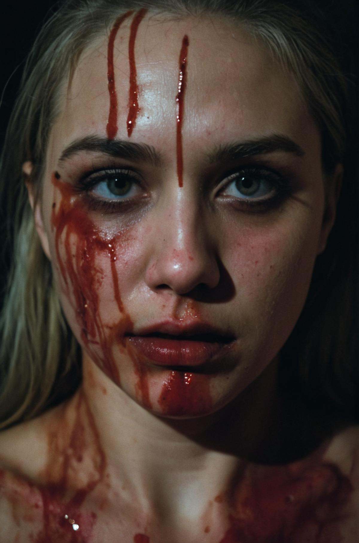 a close up of a woman with blood on her face,  dark fantasy 35mm photography,  dark lighting on Tensor.Art