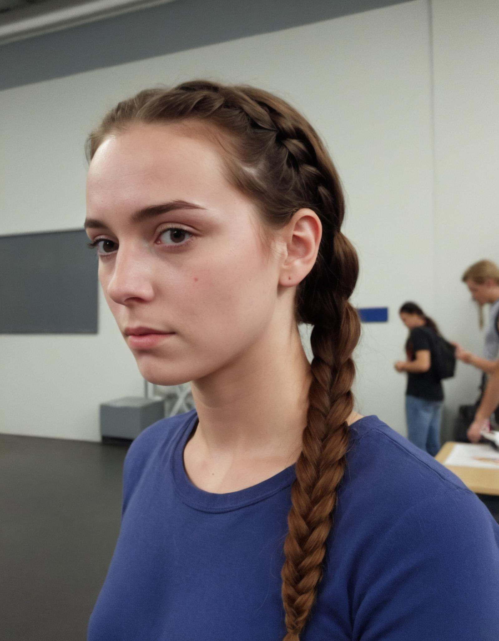 ******* cellphone photography woman with Dark brown French braid hair at flight school,  . f8.0,  samsung galaxy on Tensor...