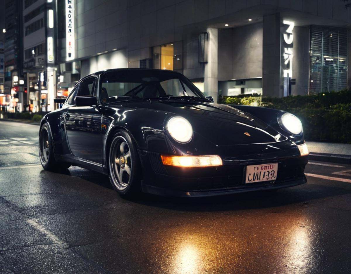Porsche in Tokyo,  night photo,  reflections on Tensor.Art