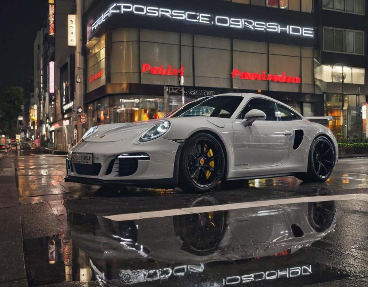 Porsche in Tokyo,  night photo,  reflections on Tensor.Art