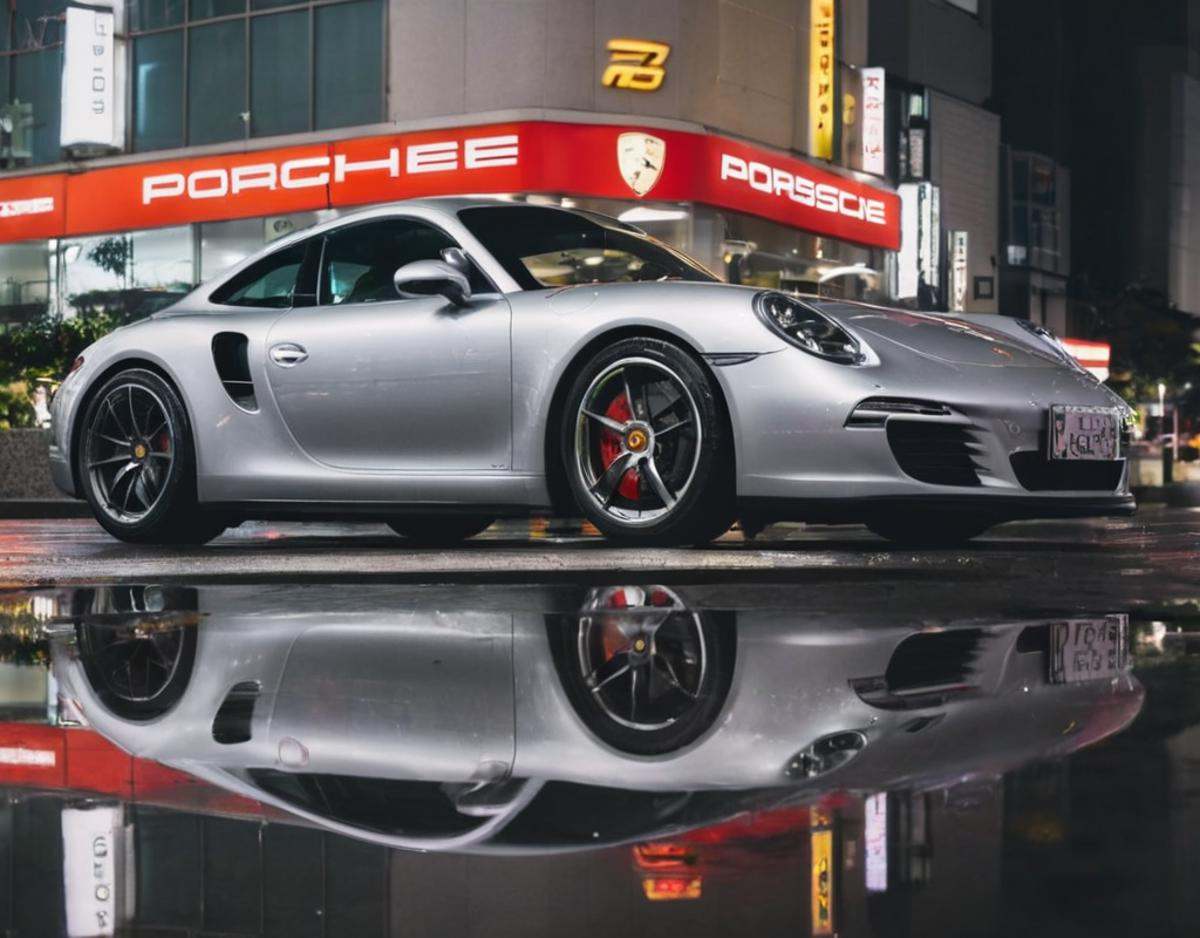 Porsche in Tokyo,  night photo,  reflections on Tensor.Art