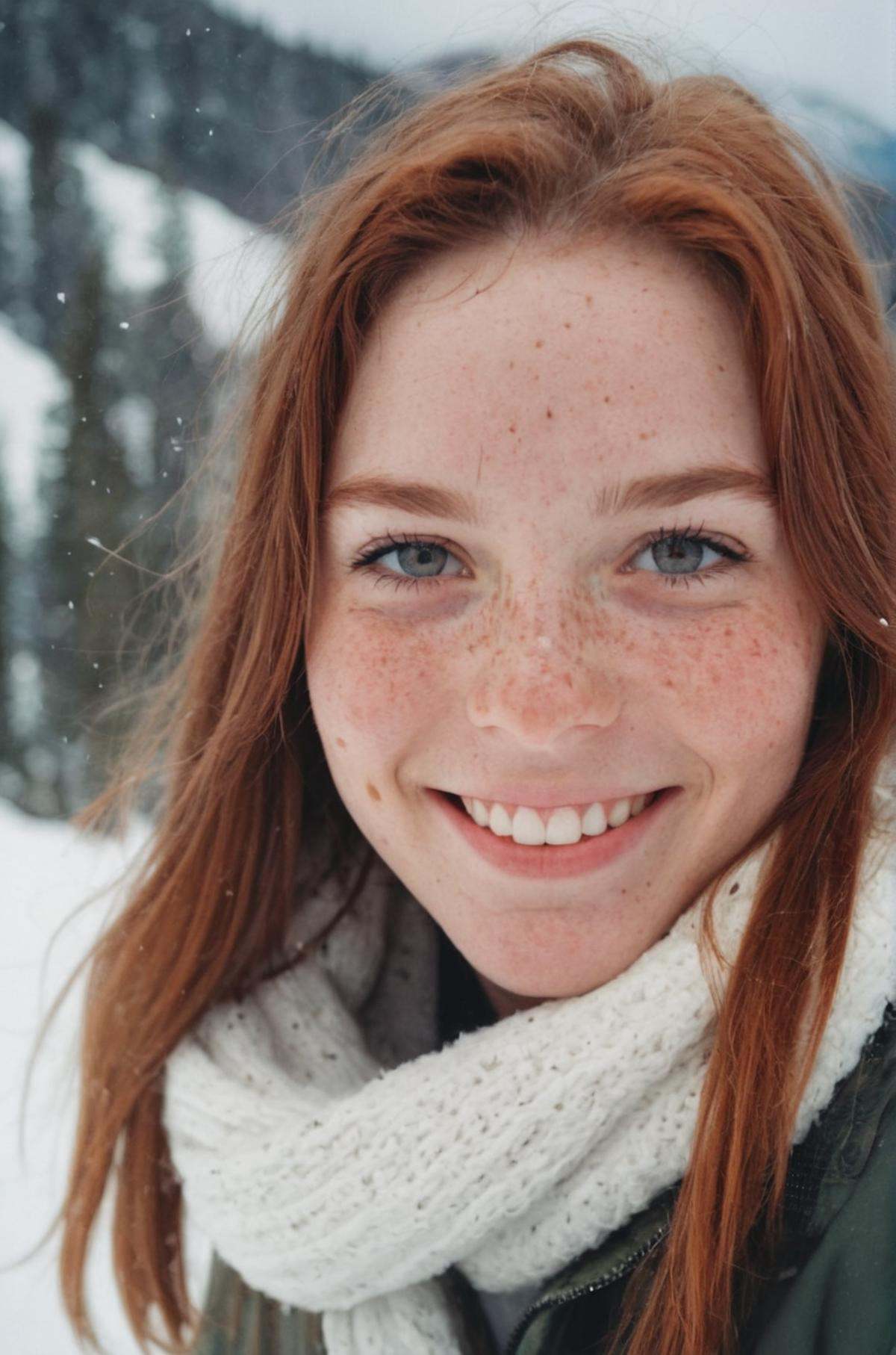 35mm photography portrait of beautiful smiling woman with freckles in a snow-covered mountain on Tensor.Art