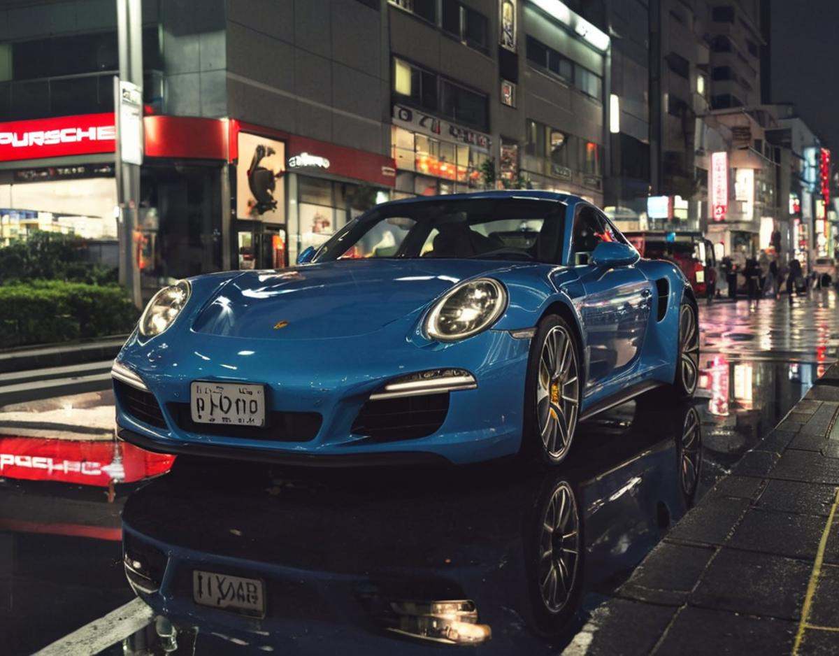 Porsche in Tokyo,  night photo,  reflections on Tensor.Art