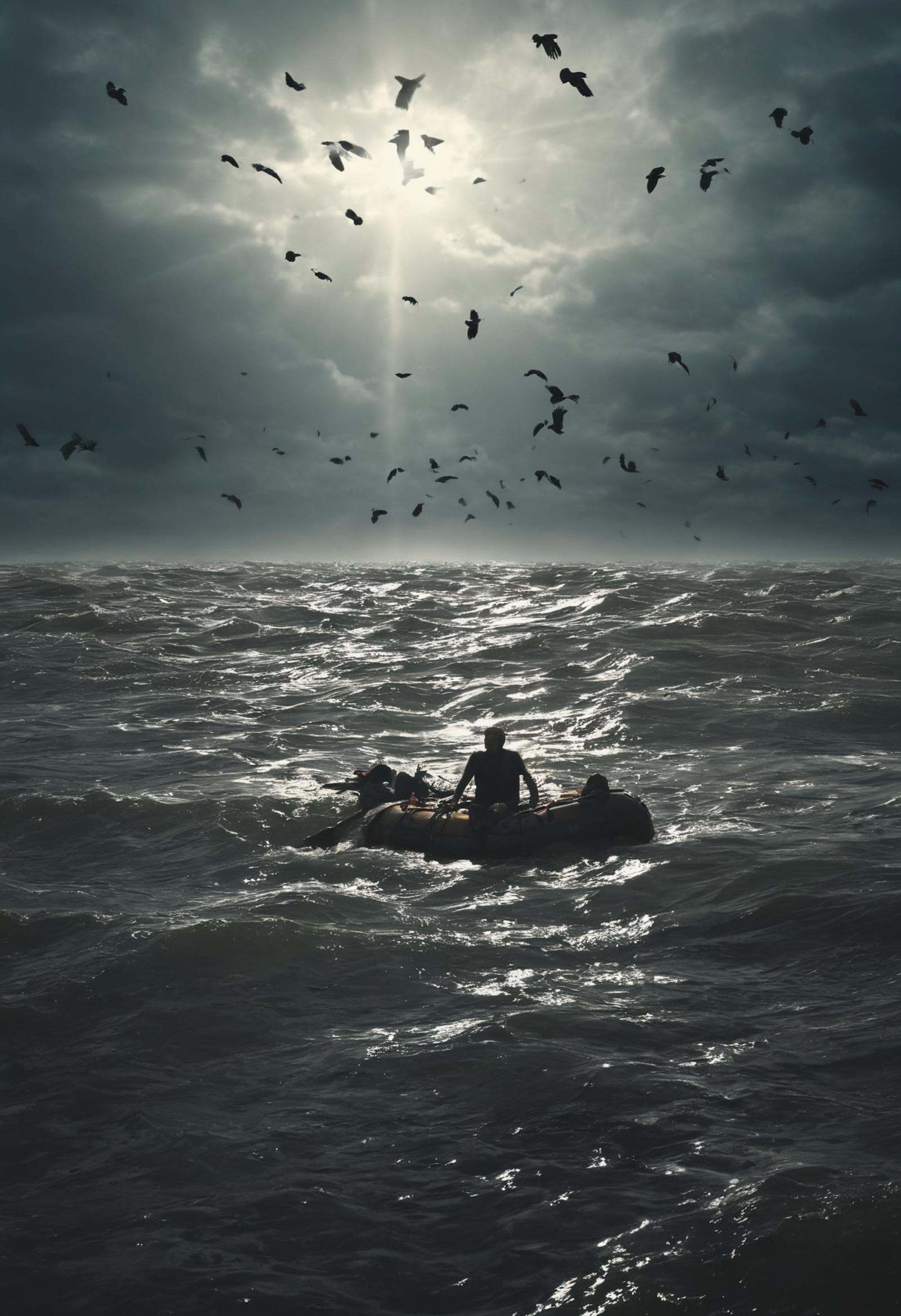 1man on a raft,  middle of ocean,  big waves on Tensor.Art