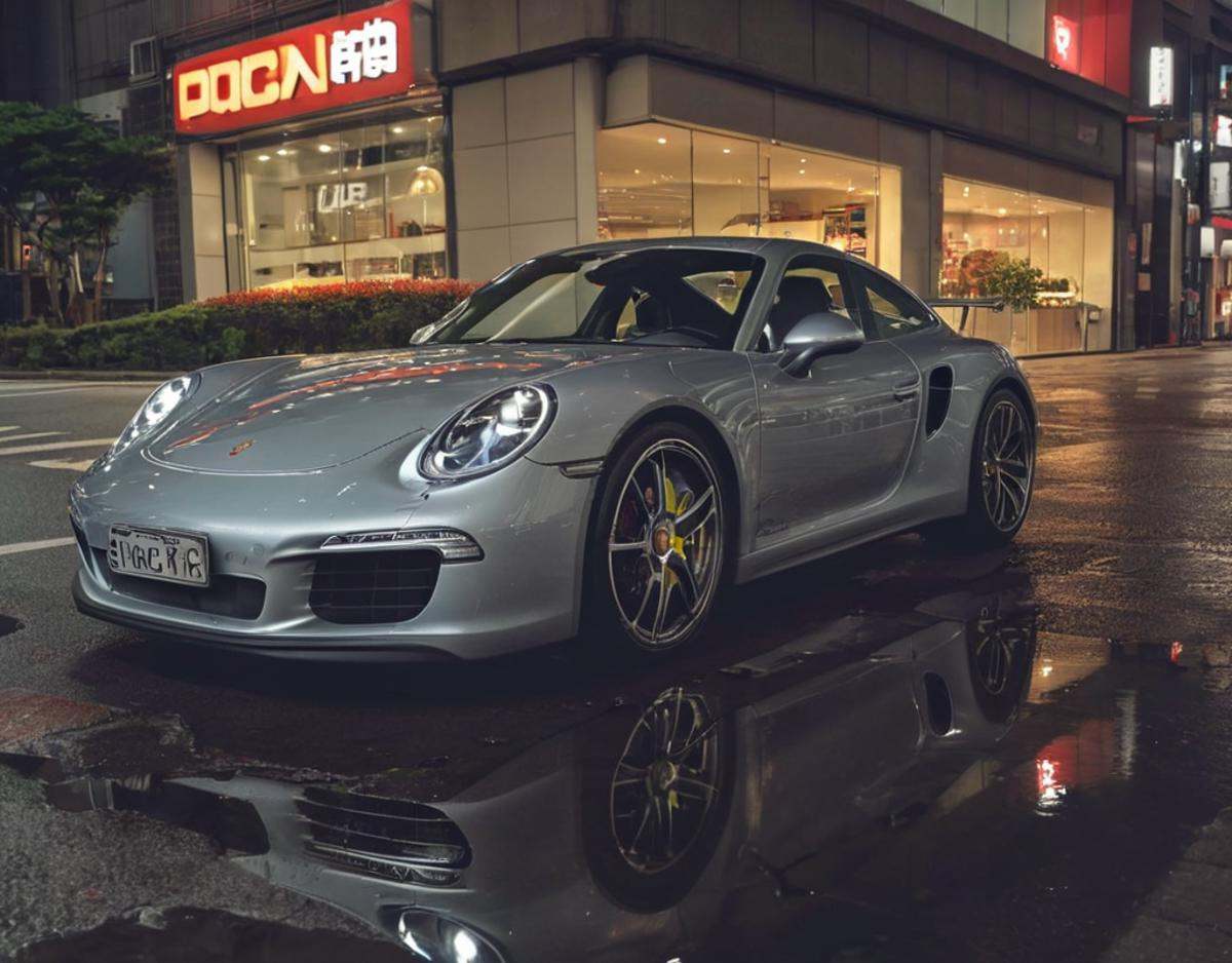 Porsche in Tokyo,  night photo,  reflections on Tensor.Art