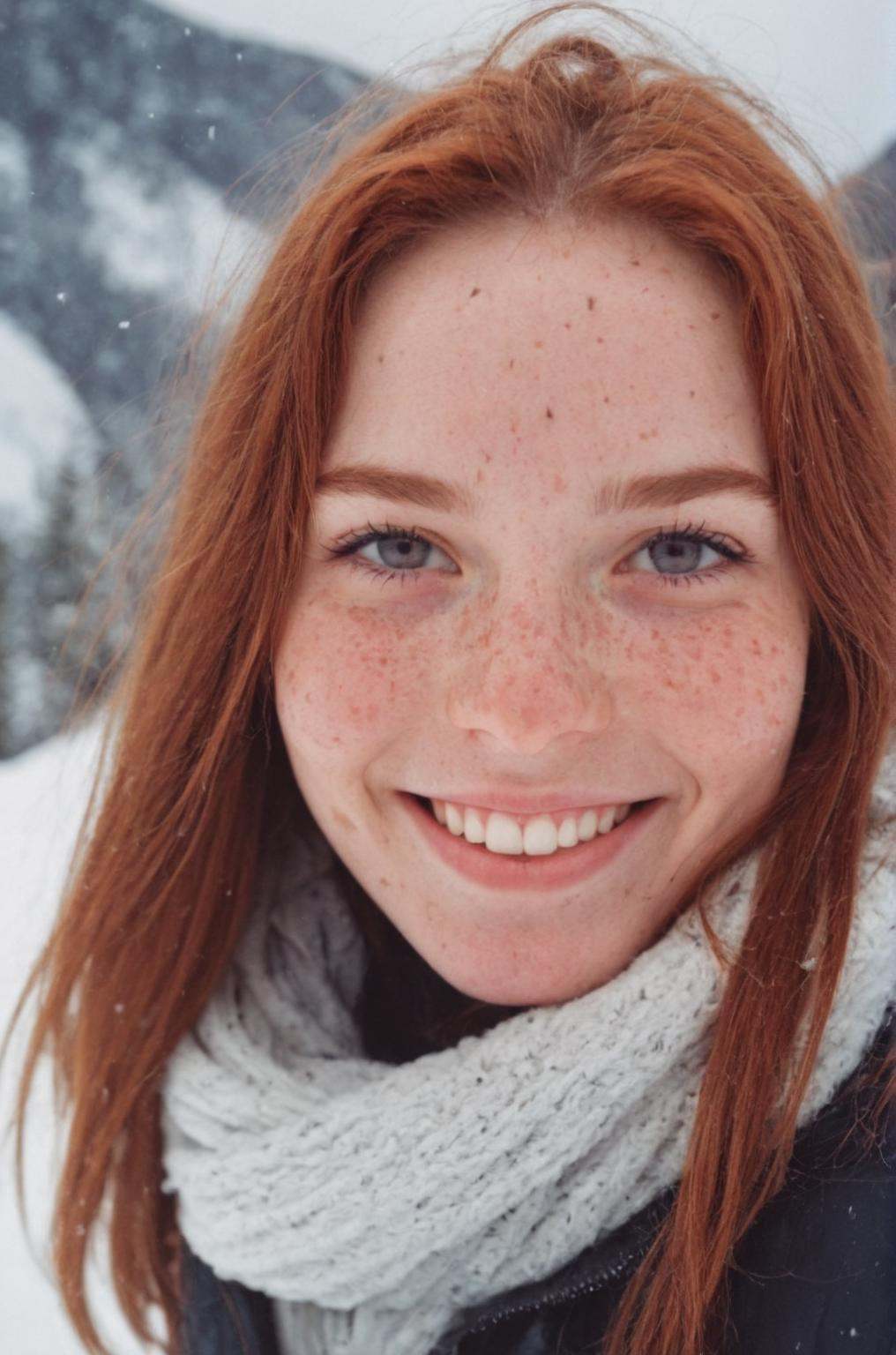 35mm photography portrait of beautiful smiling woman with freckles in a snow-covered mountain on Tensor.Art
