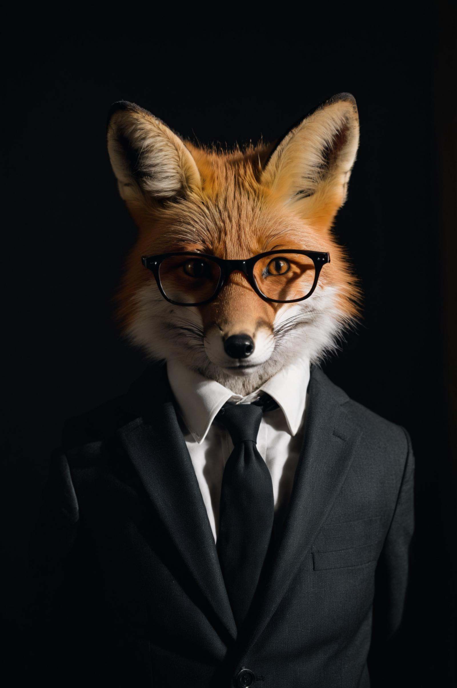 animal portrait photo of a cute fox in a suit,  wearing eyeglasses,  taken on a hasselblad medium format camera on Tensor.Art