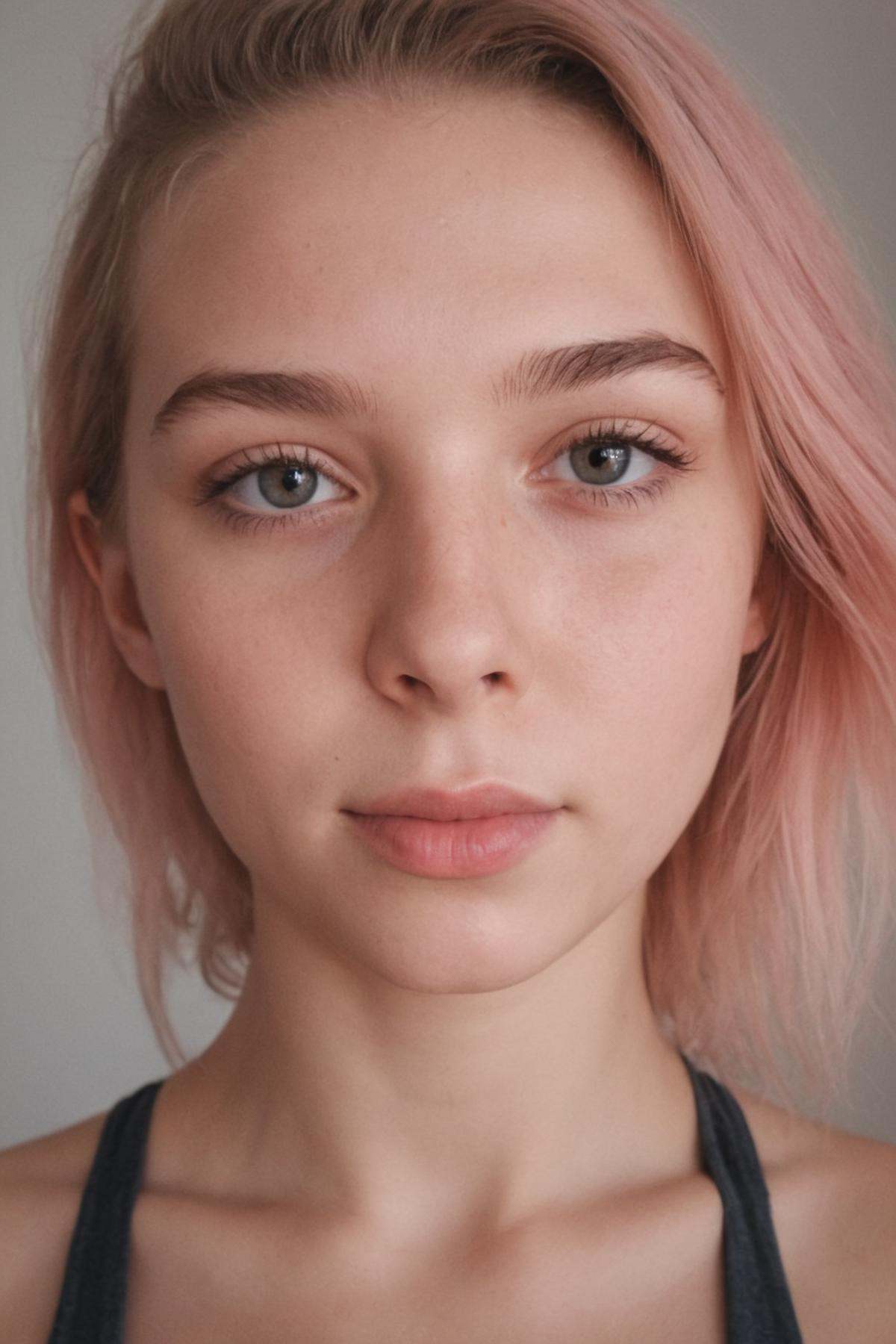 Generate a close-up image that captures an 18-year-old girl with rainbow-colored hair and a sweaty face,  looking seductiv...
