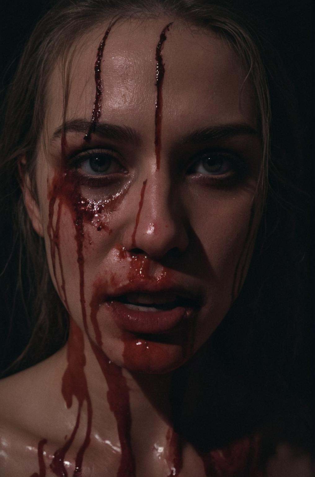a close up of a woman with blood on her face,  dark fantasy 35mm photography,  dark lighting on Tensor.Art
