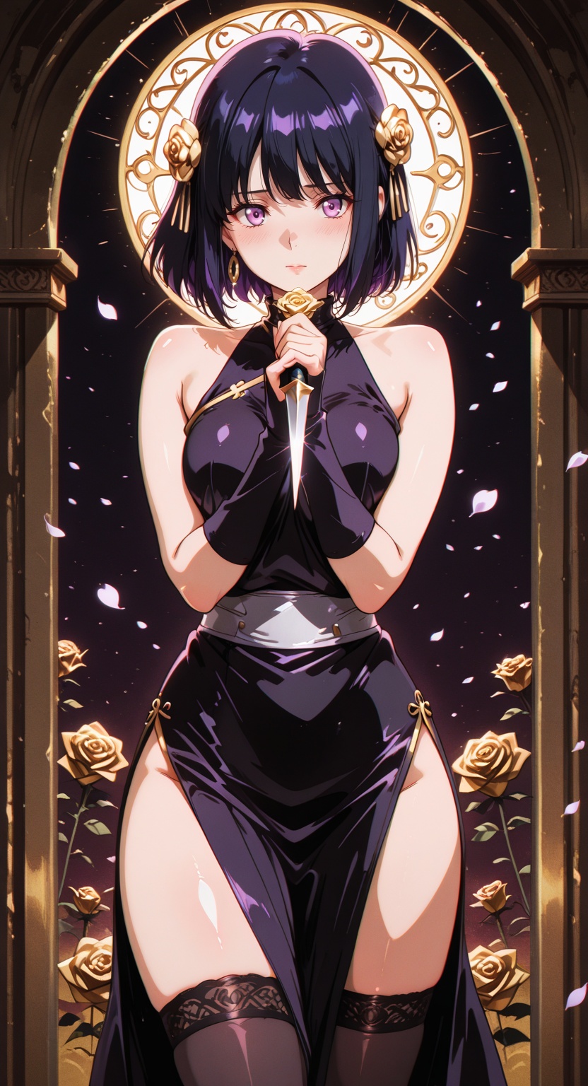 elegant dark anime aesthetic with sensual undertones BREAK Hinata Hyuga \ (Naruto\),  Yor Forger \ (cosplay\),  pale laven...