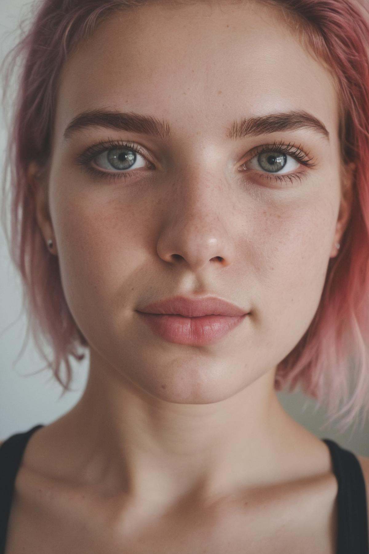 Generate a close-up image that captures an 18-year-old girl with rainbow-colored hair and a sweaty face,  looking seductiv...