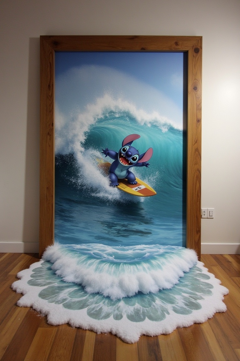 3dillusionfx,  a framed picture of Stitch surfing a large ocean wave,  seamlessly extending into the real room with hyper-...