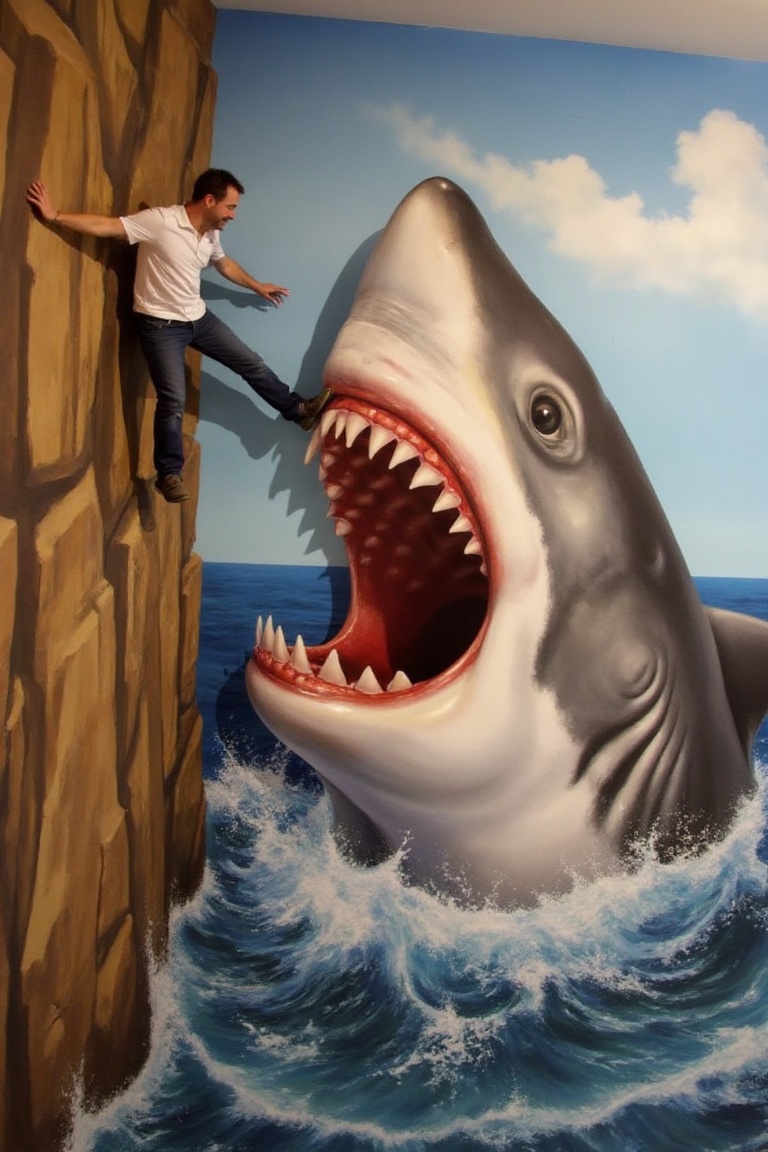 3dillusionfx,  a man clinging to a vertical cliff wall while a giant shark with its mouth wide open leaps up from the wate...