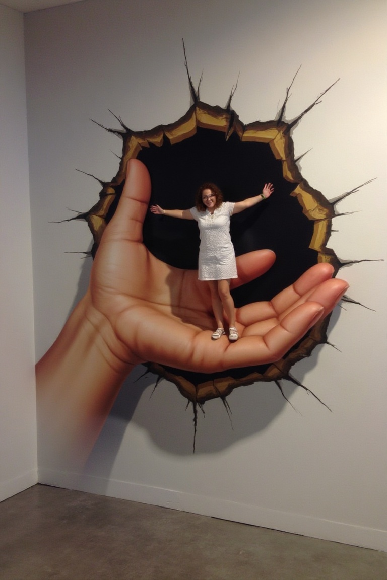 3dillusionfx,  a woman standing on the palm of a giant hand emerging from a cracked wall,  3D illusion artwork on Tensor.Art