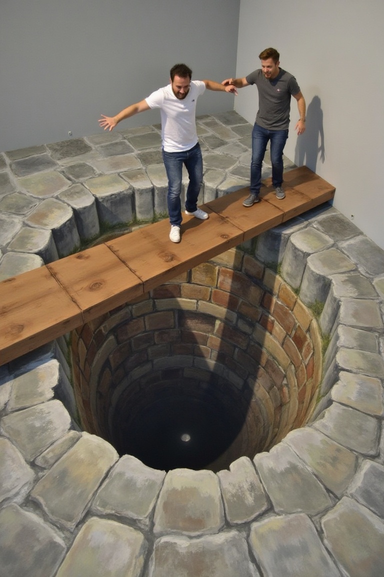 3dillusionfx,  two men balancing carefully on a narrow wooden plank over a massive illusionary pit,  realistic 3D floor pa...