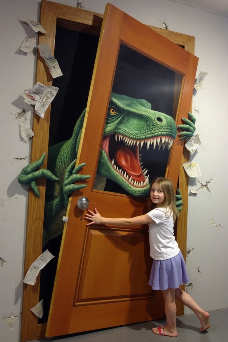 3dillusionfx,  a young girl holding a wooden door shut as a realistic green dinosaur breaks through from behind,  3D wall...