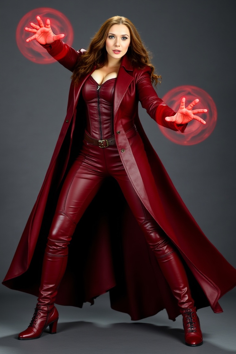 a sexy female magician mid-action pose,  her coat swirling dramatically,  tight red costume and high boots on Tensor.Art
