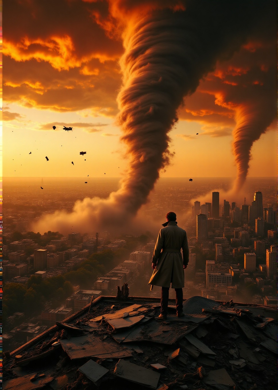 A monstrous EF5 tornado rips through a desolate city skyline as a lone figure in a tattered trench coat stands atop a shat...