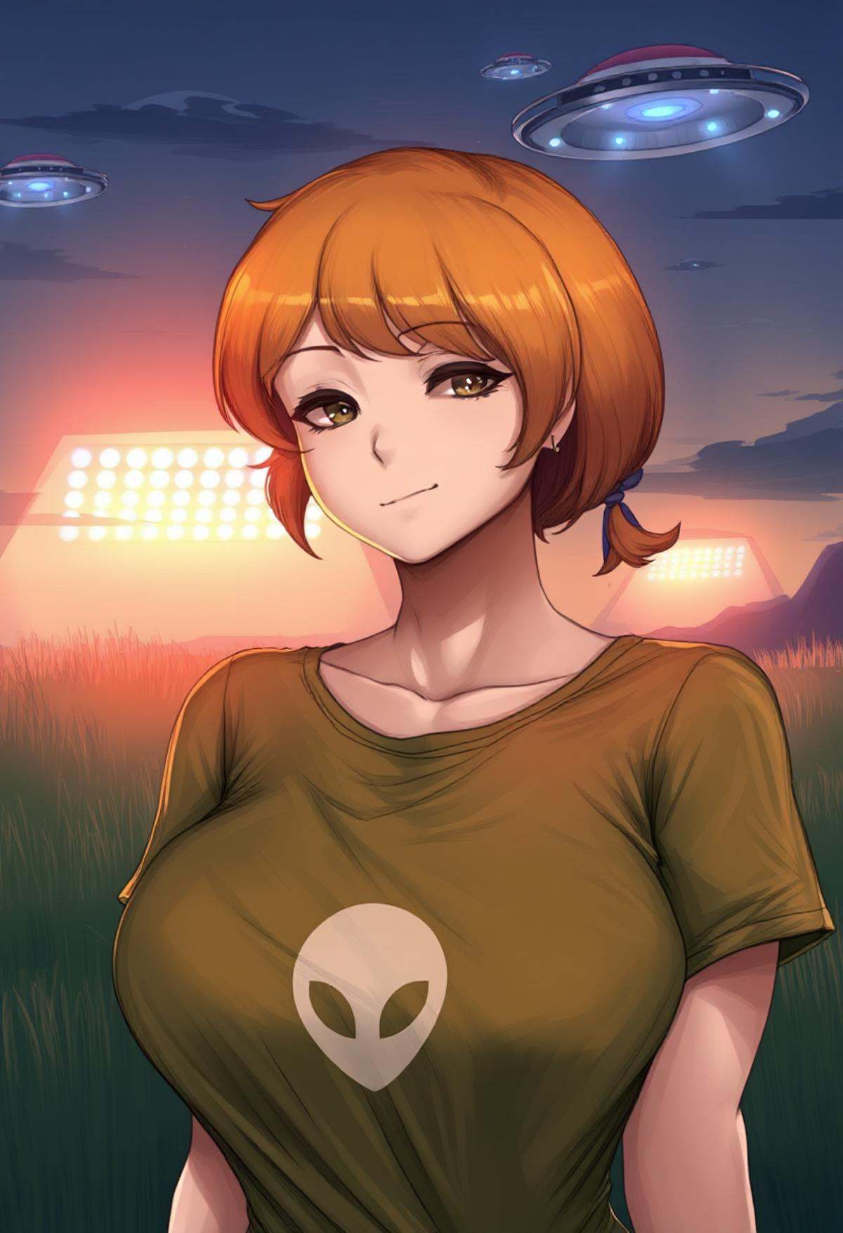 Draft • Schnell \(Cutesexyrobutts\),  1 woman with short blonde orange hair,  green t-shirt with a minimalistic alien desi...