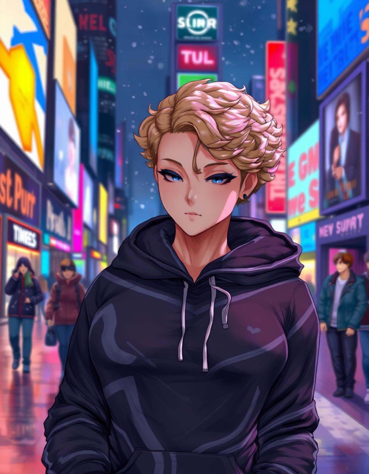 Pro \(Cutesexyrobutts\),  1 woman with short blonde curly hair,  black hoodie with a minimalistic cat design on the front...