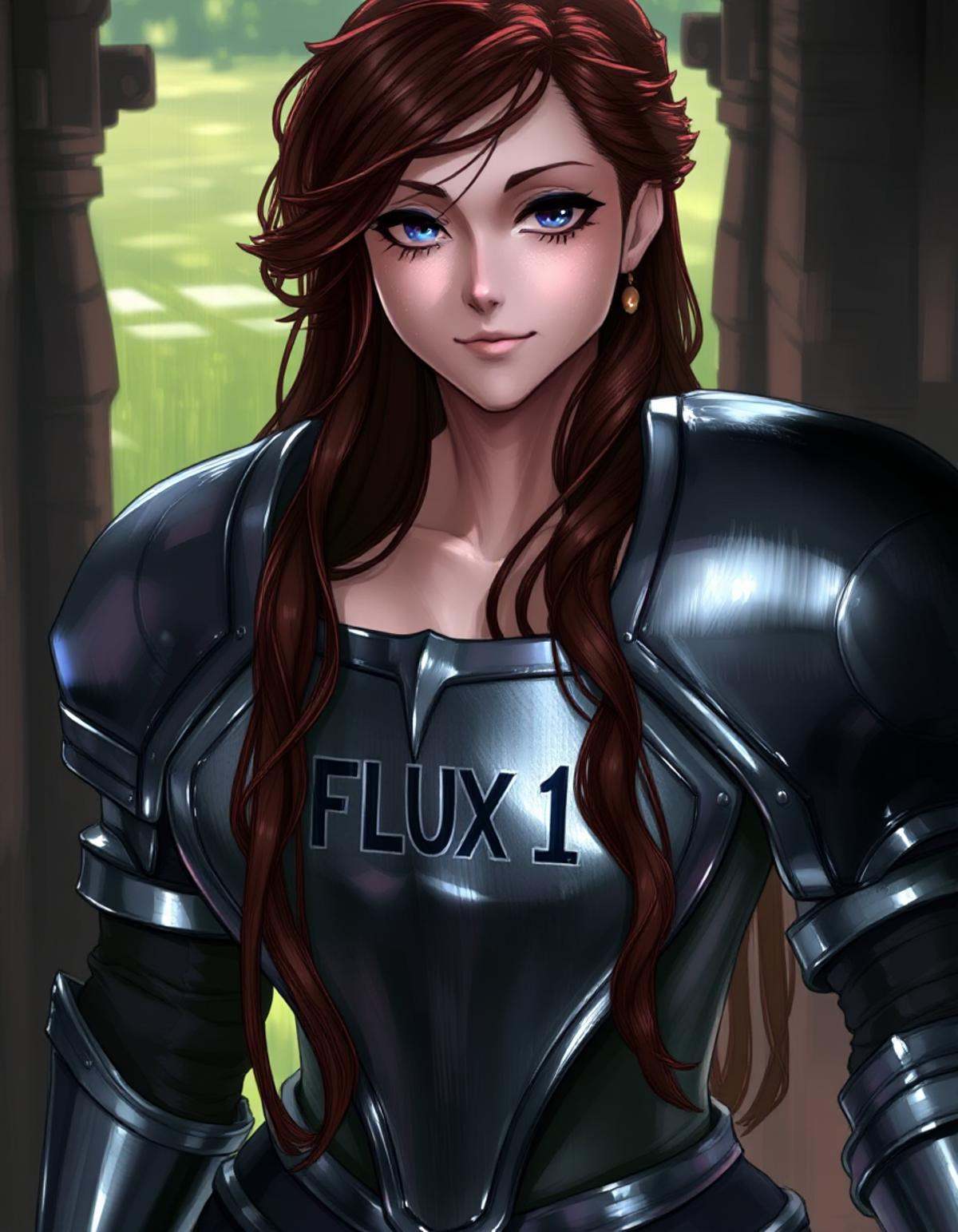 Draft • Schnell \(Cutesexyrobutts\),  1 woman with long wispy ruby red hair and blue eyes,  wearing a medieval knight armo...