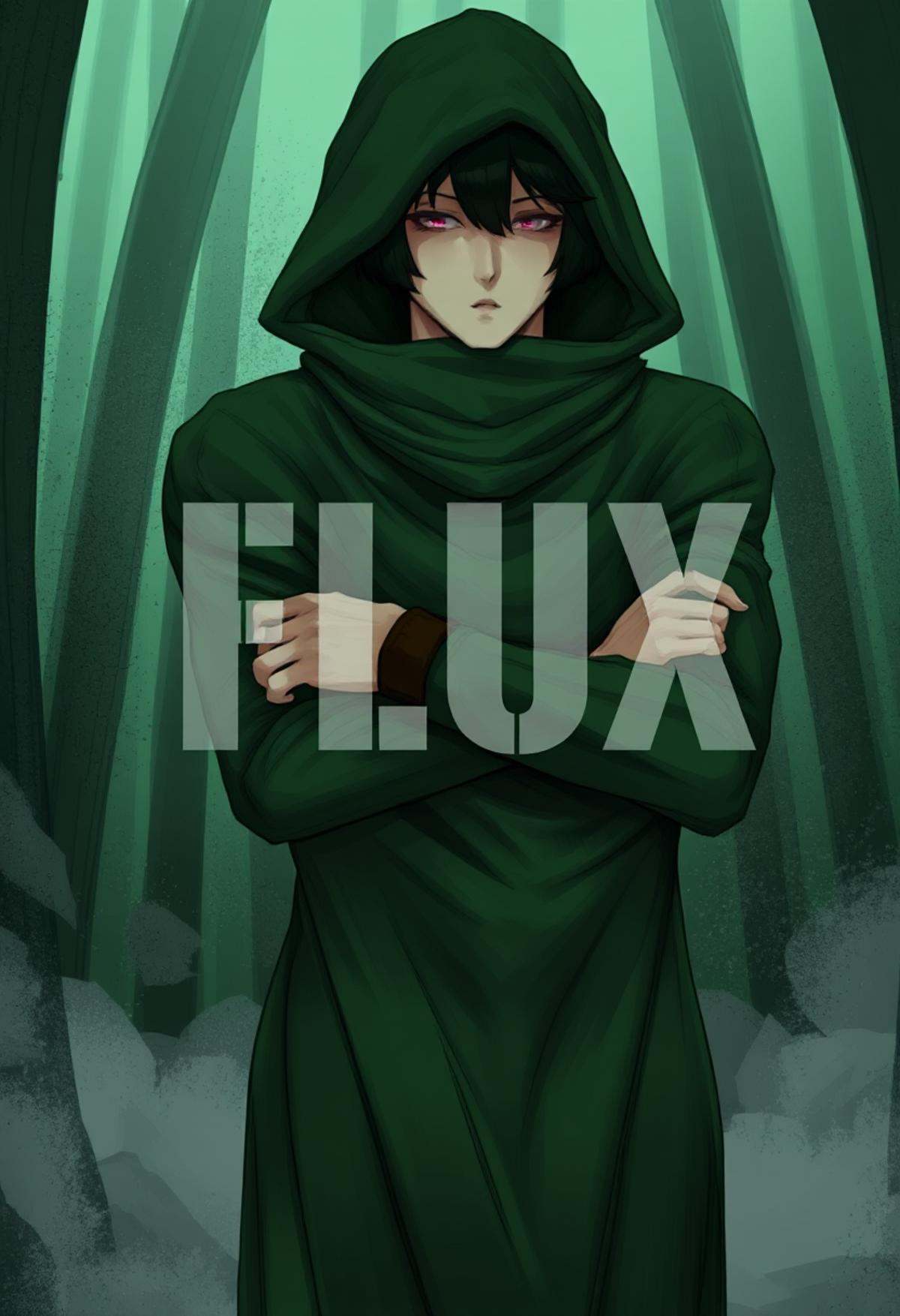 Draft • Schnell \(Cutesexyrobutts\),  waist up shot of a man wearing a green cloak with the hood over his head,  crossing...