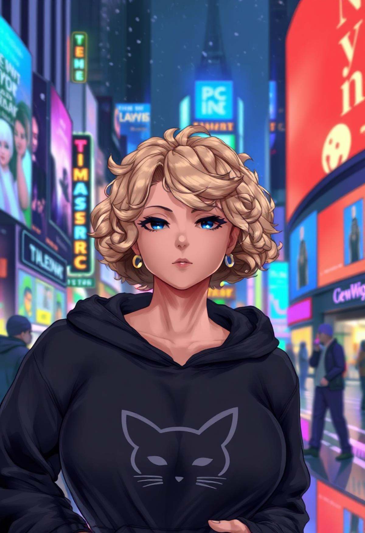 Pro \(Cutesexyrobutts\),  1 woman with short blonde curly hair,  black hoodie with a minimalistic cat design on the front...