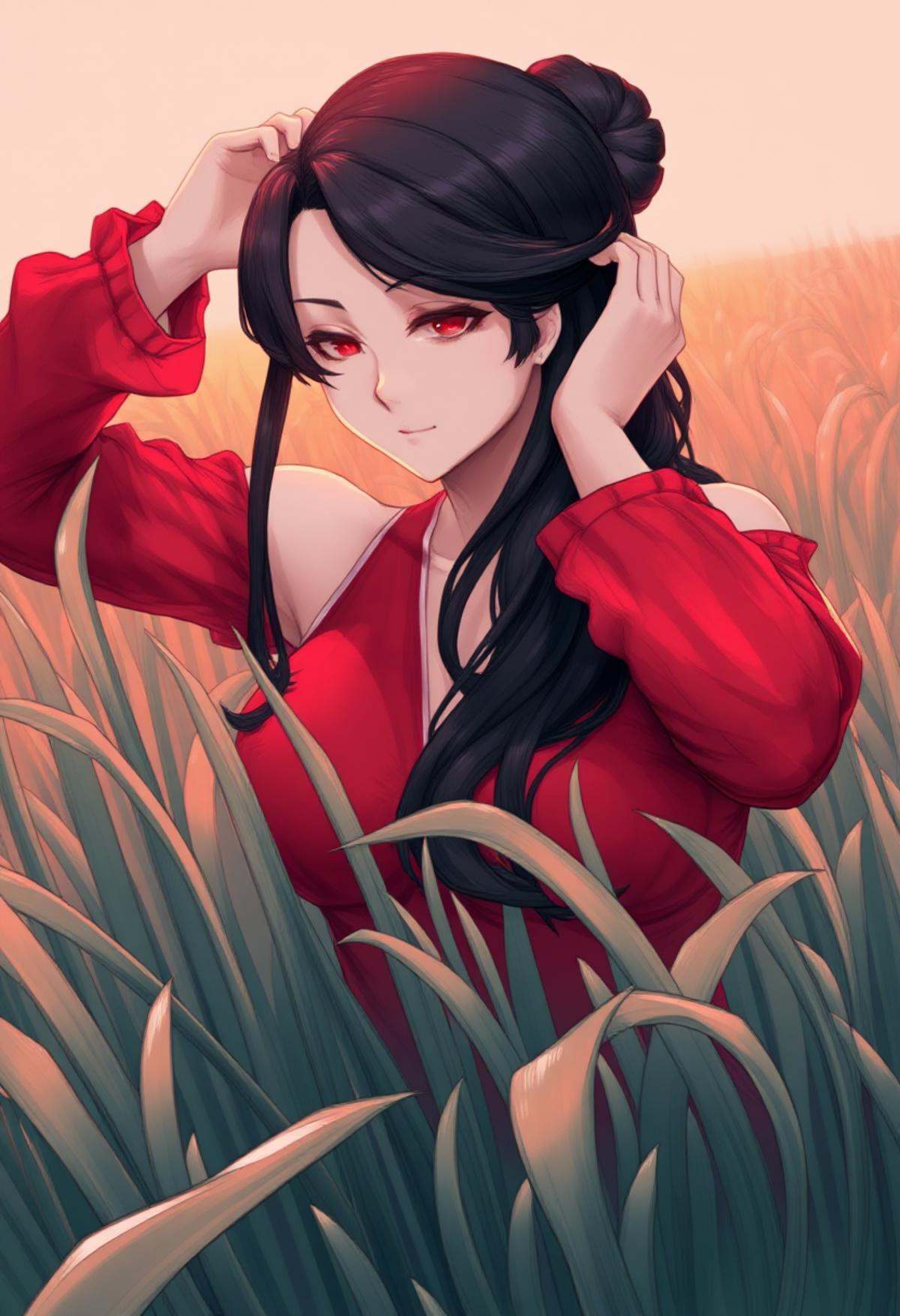 Pro \(Cutesexyrobutts\),  a woman in a red dress in a rice Patty field,  close up shot on Tensor.Art