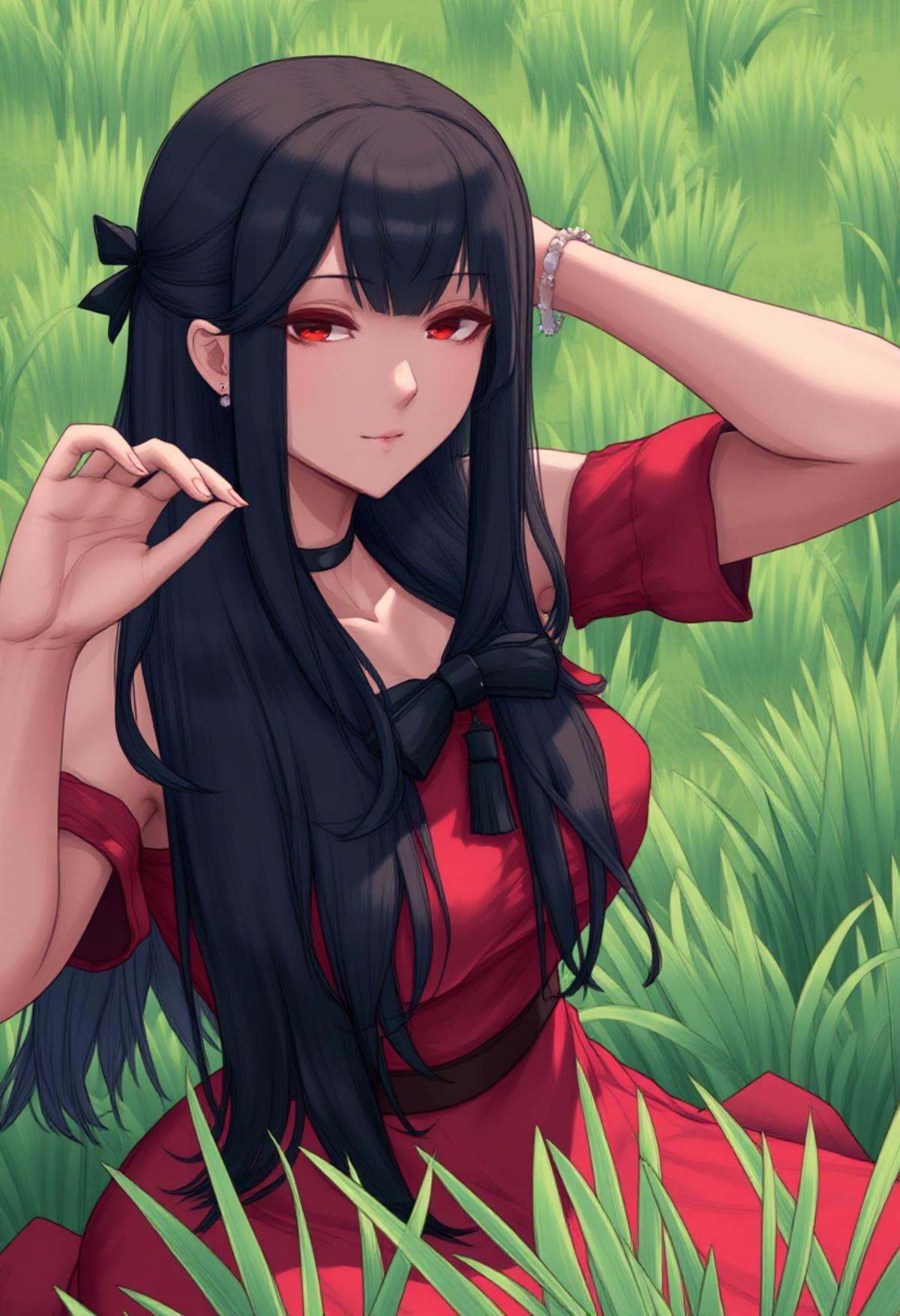 Pro \(Cutesexyrobutts\),  a woman in a red dress in a rice Patty field,  close up shot on Tensor.Art