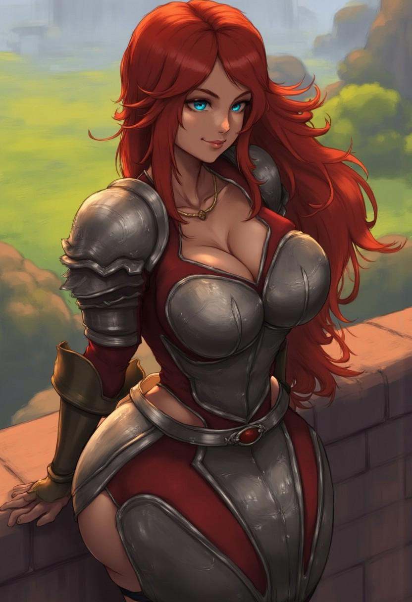 Pro \(Cutesexyrobutts\),  1 woman with long wispy ruby red hair and blue eyes,  wearing a medieval knight armor with metal...