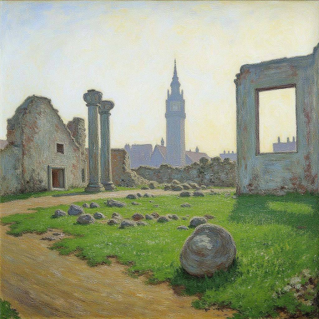 Impressionism \(Oscar-Claude Monet\),  The image is a painting of a landscape with urban building ruins on Tensor.Art