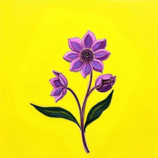 painting of a plant with purple flowers on a yellow background on Tensor.Art