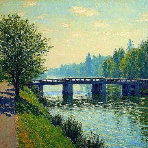 Impressionism \(Oscar-Claude Monet\),  The image is a painting of a landscape with a bridge over a body of water. on Tenso...