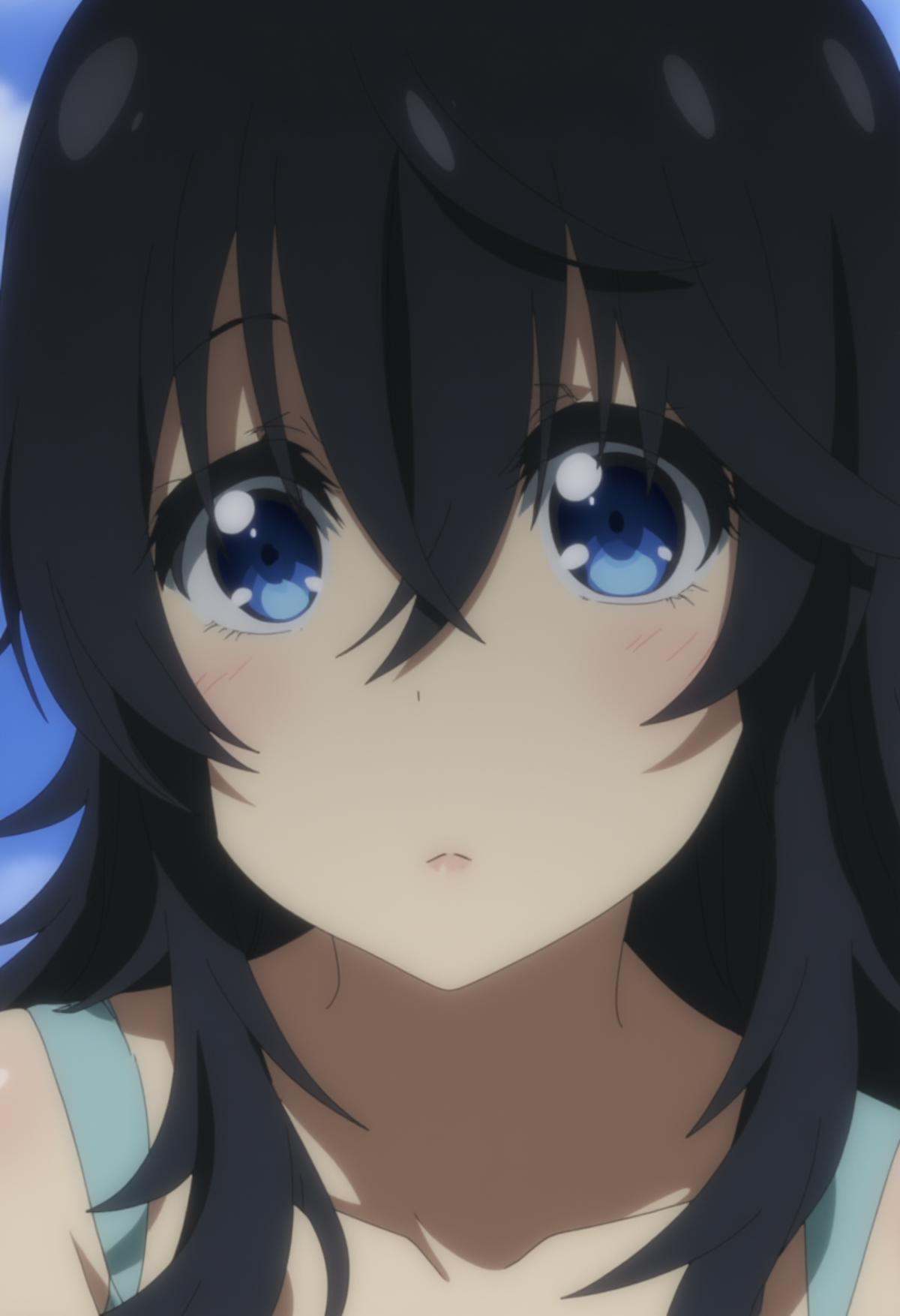 cinematic close up shot,  young girl with black hair and blue eyes,  simple background on Tensor.Art