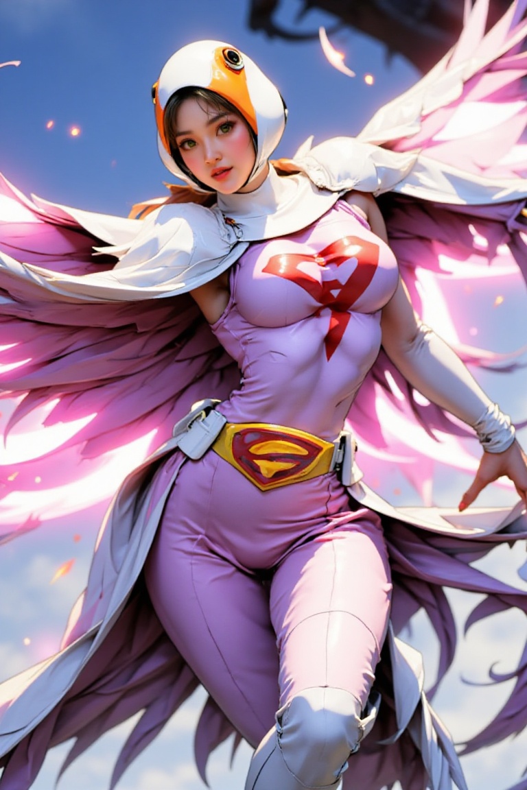 a beautiful female superhero in a sleek pink and white costume,  wearing a white bird-shaped helmet,  standing confidently...