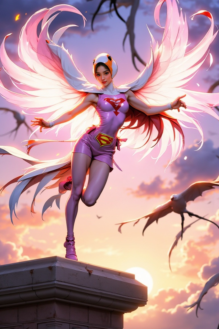 Jun the Swan in her iconic pink outfit and white cape,  glowing transparent wings made of pure energy forming behind her,...