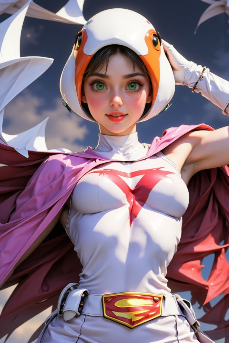a full-body portrait of a female superhero in white and pink costume with red cape,  wearing a bird-themed helmet,  standi...