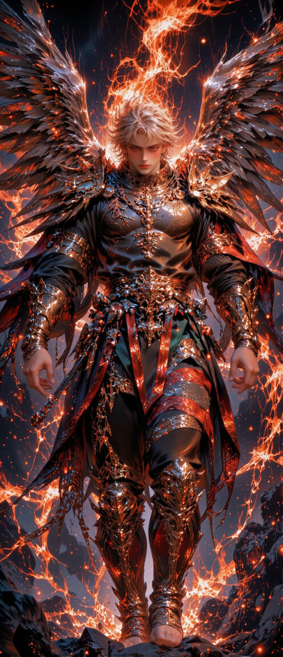 A man standing fly wings,  medieval armor,  gold on Tensor.Art