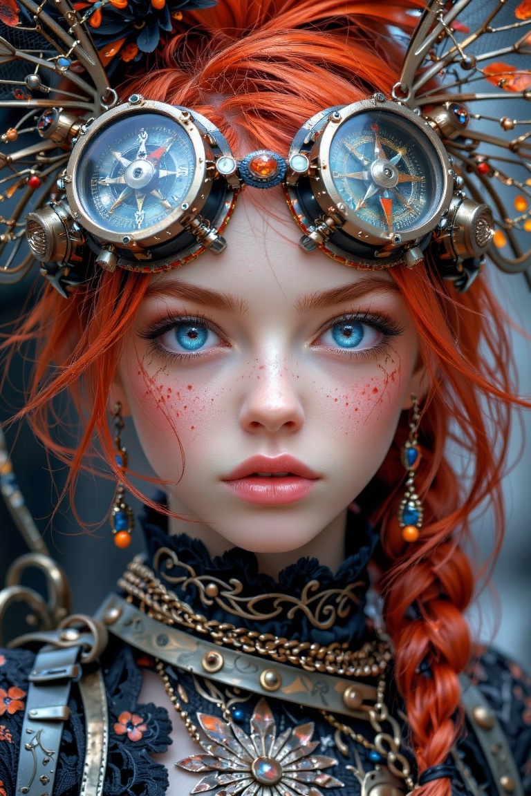 The image depicts a close-up of a character with striking features. The character has vibrant red hair and is adorned with...